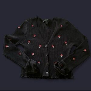Forever 21 Black V-Neck Cardigan with Red Mushroom Embroidery